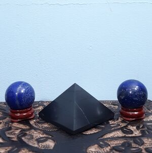 Set Black Shungite Pyramid with 2 Blue Lapis Lazuli Crystal Balls Stone Spheres